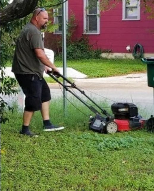 This is my dad, mowing my mom’s lawn. They’ve been divorced 28 years.