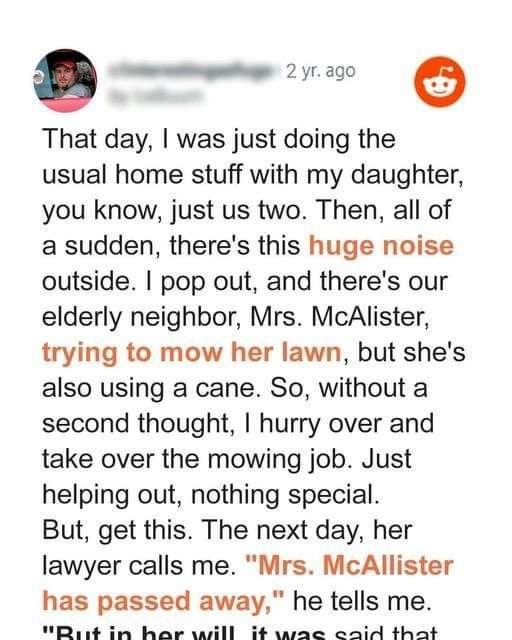Single Dad Helps Old Lady Mow Her Lawn, Soon Gets A Shocking Call From Her Lawyer